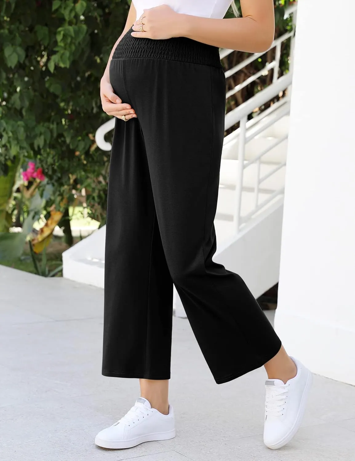 Maternity Pants Women's Smocked High Waisted Double Breasted Wide Leg Long Trousers Pregnancy Loose Lounge Sweatpants