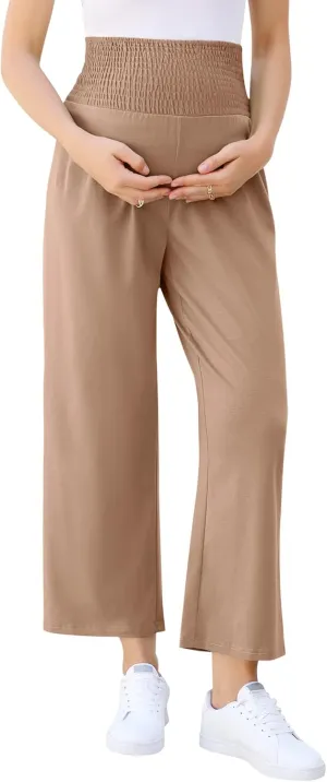 Maternity Pants Women's Smocked High Waisted Double Breasted Wide Leg Long Trousers Pregnancy Loose Lounge Sweatpants