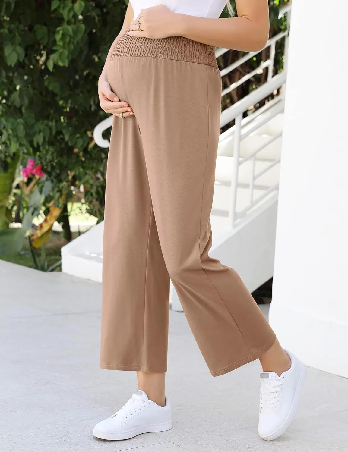 Maternity Pants Women's Smocked High Waisted Double Breasted Wide Leg Long Trousers Pregnancy Loose Lounge Sweatpants