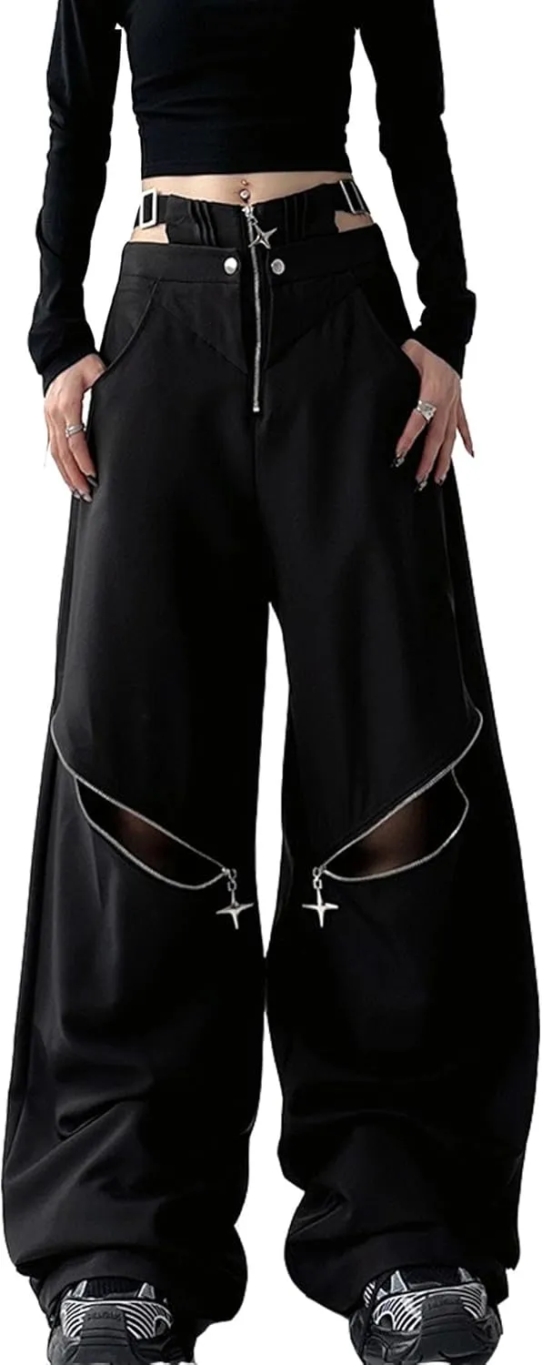 MEINVQIAOTI Hot Girls Y2k Hollow Design Harajuku Punk Goth Pants Metal Zipper Dark Functional Baggy Cargo Pants for Women