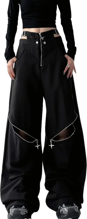 MEINVQIAOTI Hot Girls Y2k Hollow Design Harajuku Punk Goth Pants Metal Zipper Dark Functional Baggy Cargo Pants for Women