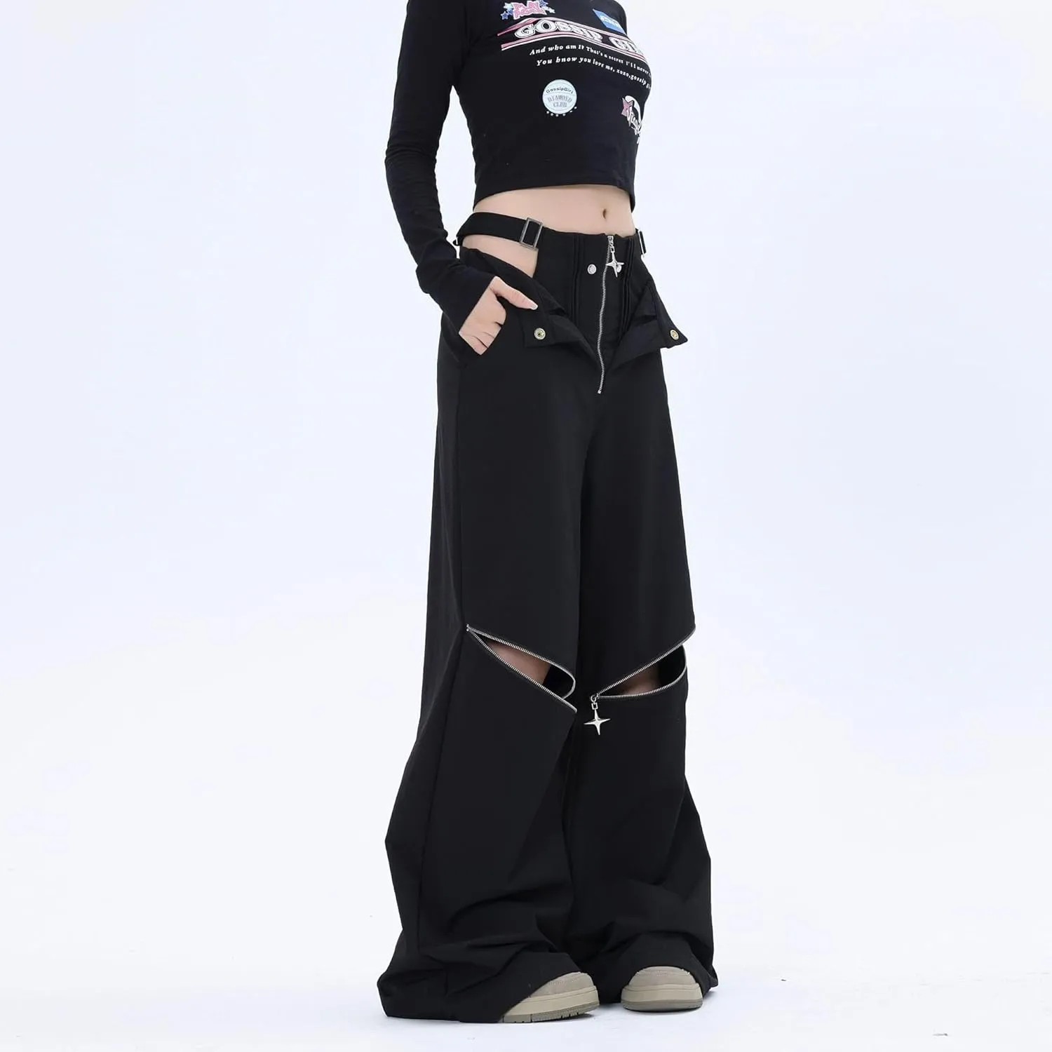 MEINVQIAOTI Hot Girls Y2k Hollow Design Harajuku Punk Goth Pants Metal Zipper Dark Functional Baggy Cargo Pants for Women