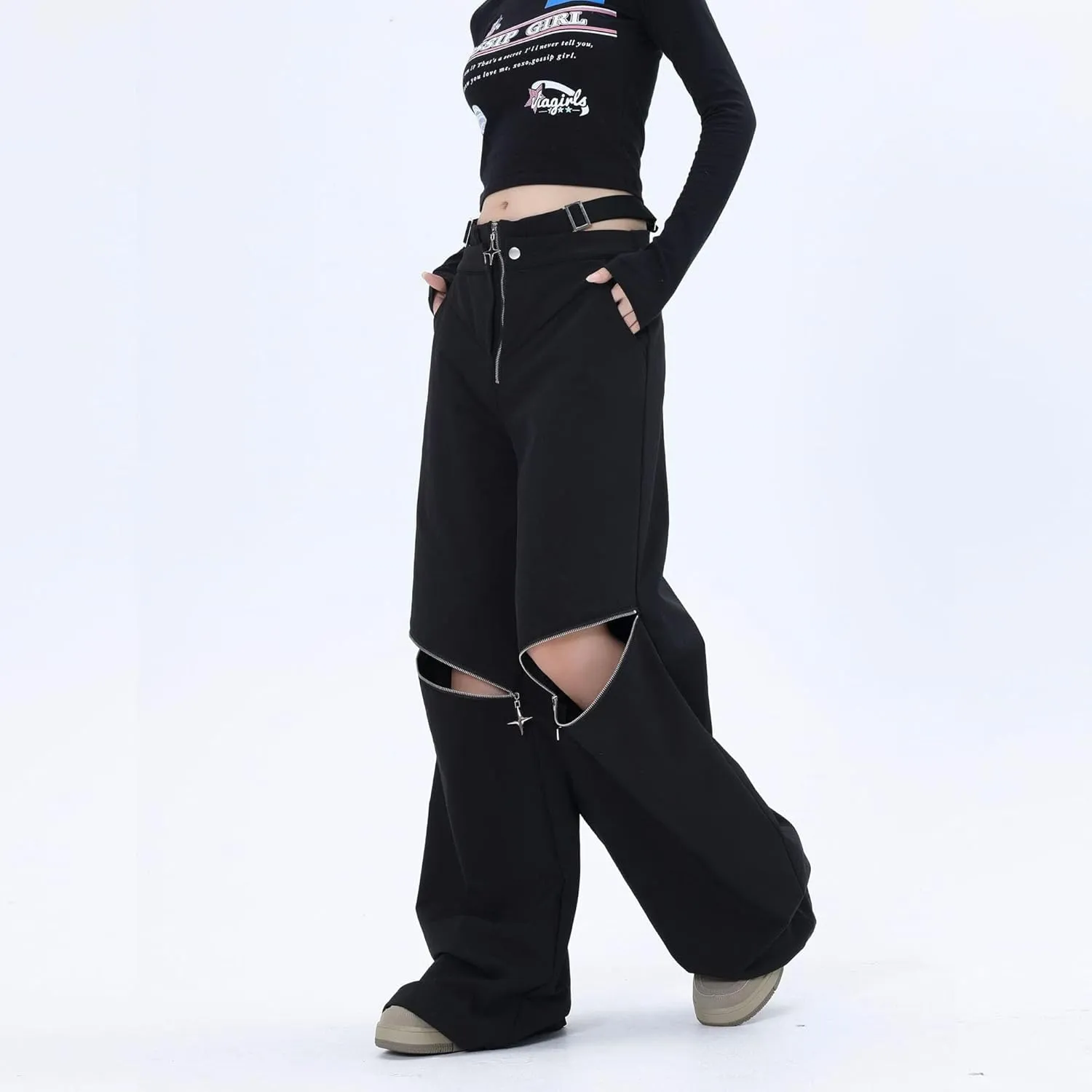 MEINVQIAOTI Hot Girls Y2k Hollow Design Harajuku Punk Goth Pants Metal Zipper Dark Functional Baggy Cargo Pants for Women