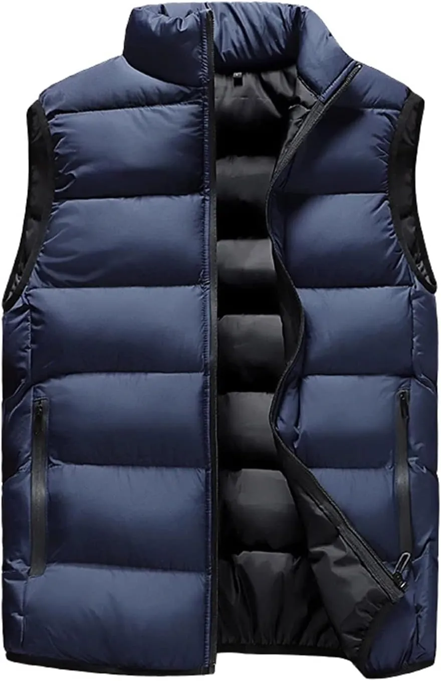 Men Winter Sleeveless Vest Jackets Fashion Stand Collar Thick Warm Zipper Cotton-Padded Waistcoat Coats