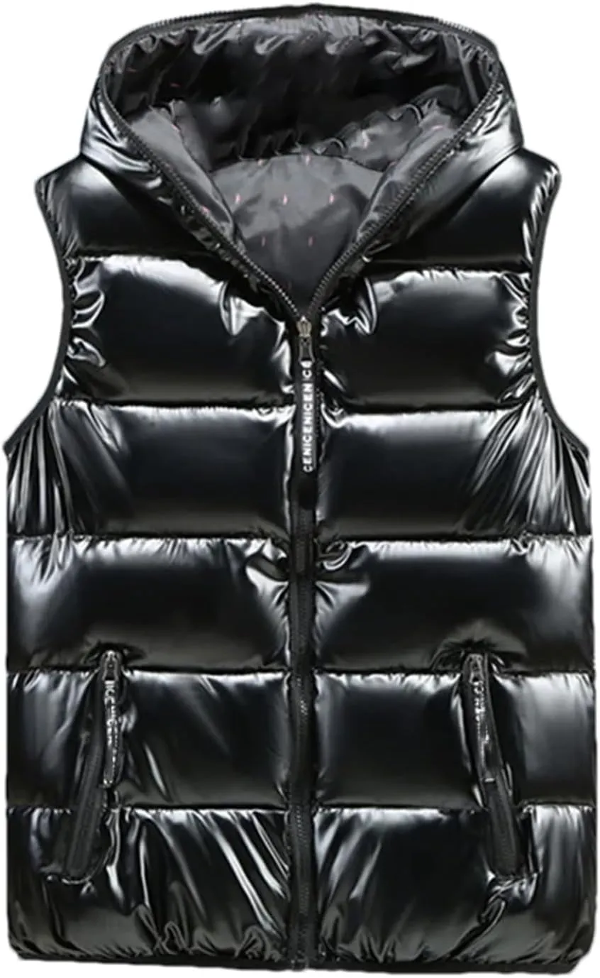 Men Winter V-Neck Vests Outdoor Hooded Glossy Cotton Padded Sleeveless Coat Thick Warm Waistcoat