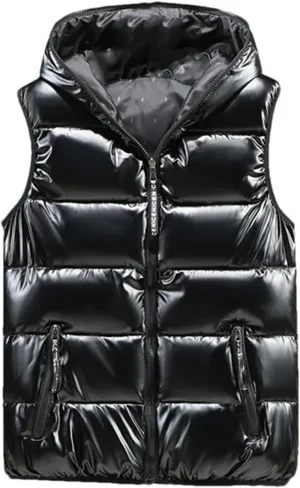 Men Winter V-Neck Vests Outdoor Hooded Glossy Cotton Padded Sleeveless Coat Thick Warm Waistcoat