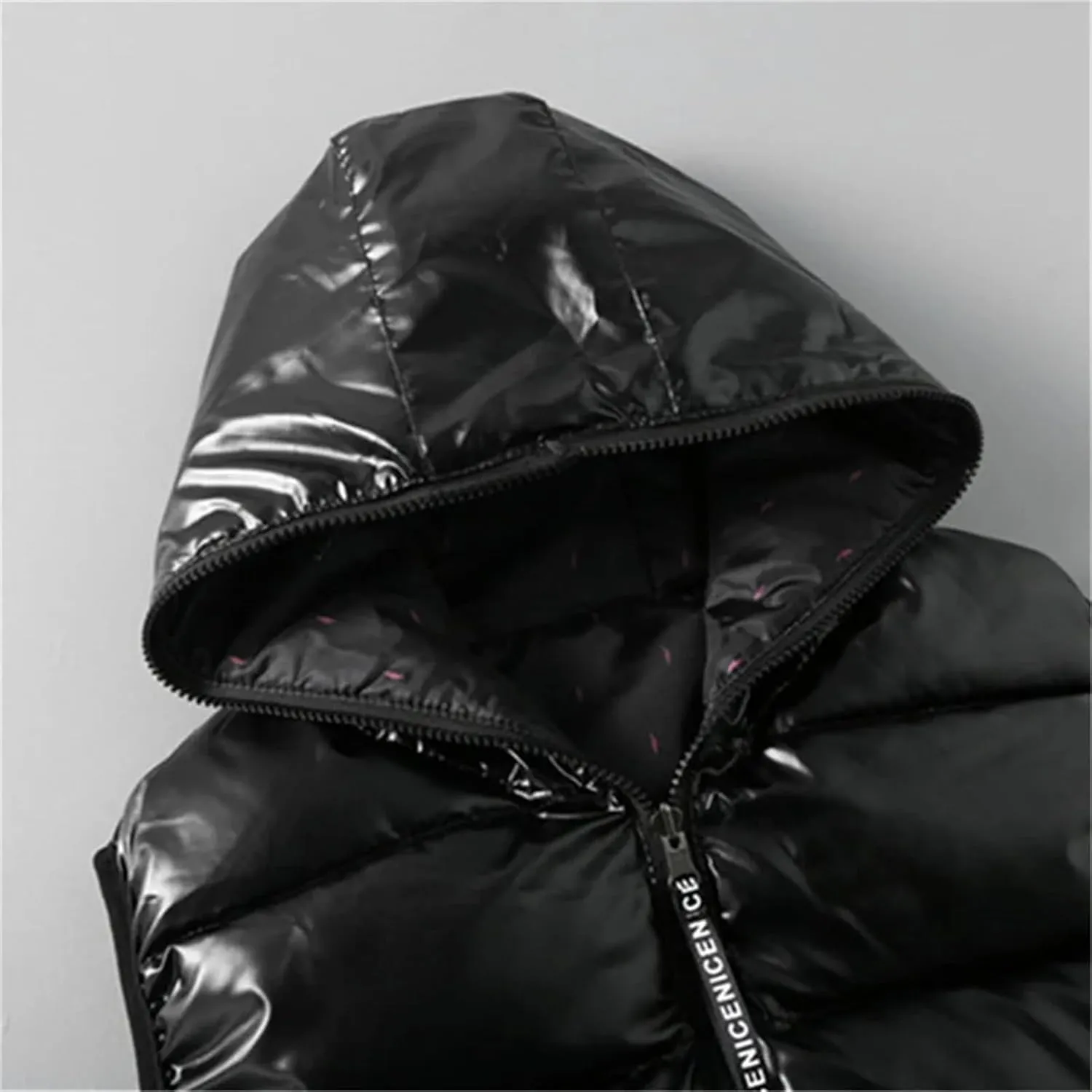 Men Winter V-Neck Vests Outdoor Hooded Glossy Cotton Padded Sleeveless Coat Thick Warm Waistcoat