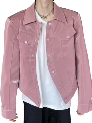 Men's Shiny Patent Leather Jacket Asymmetric Zipper Motorcycle Lapel Jackets Lapel Faux Leather Bomber Jacket