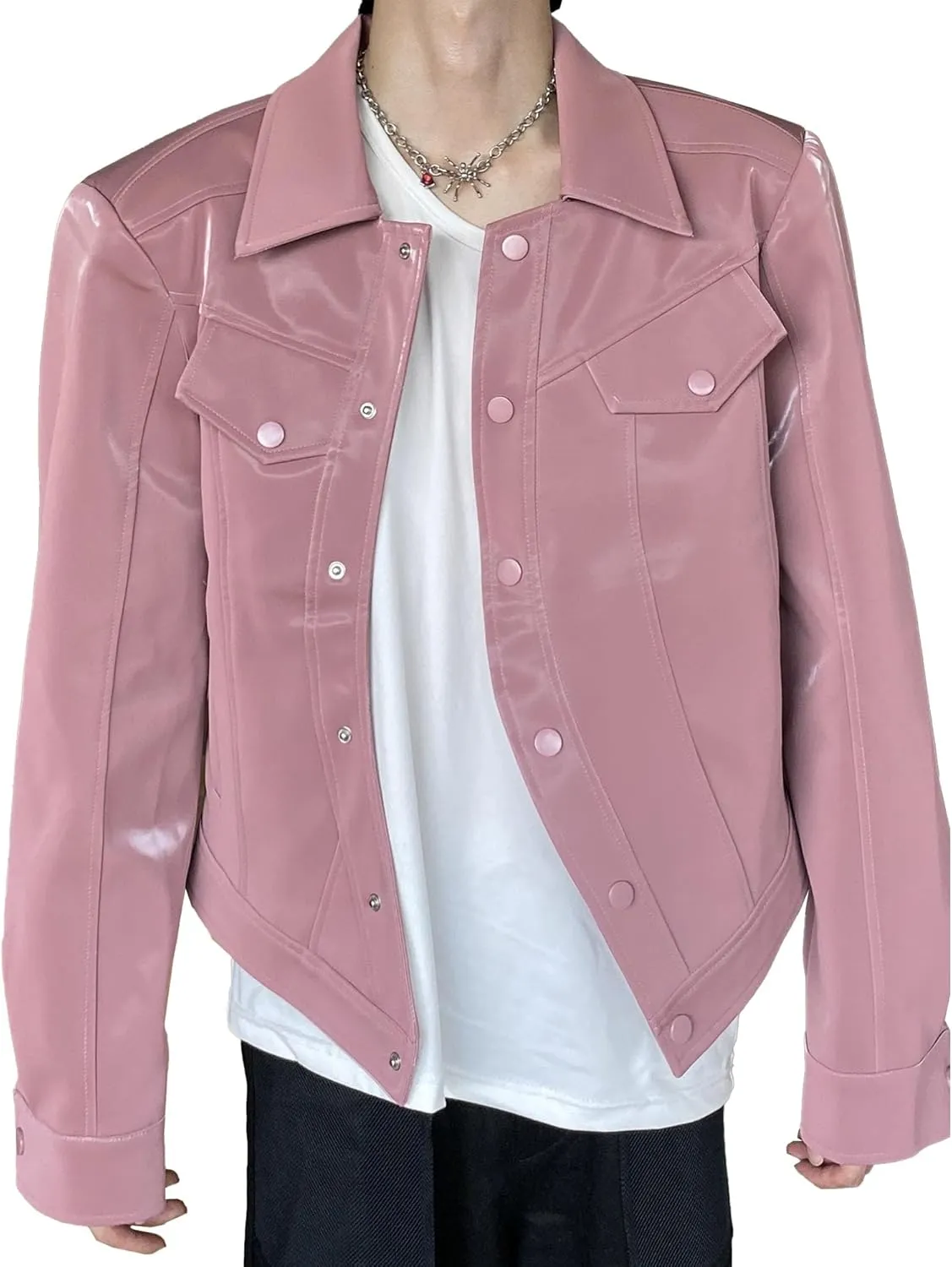 Men's Shiny Patent Leather Jacket Asymmetric Zipper Motorcycle Lapel Jackets Lapel Faux Leather Bomber Jacket