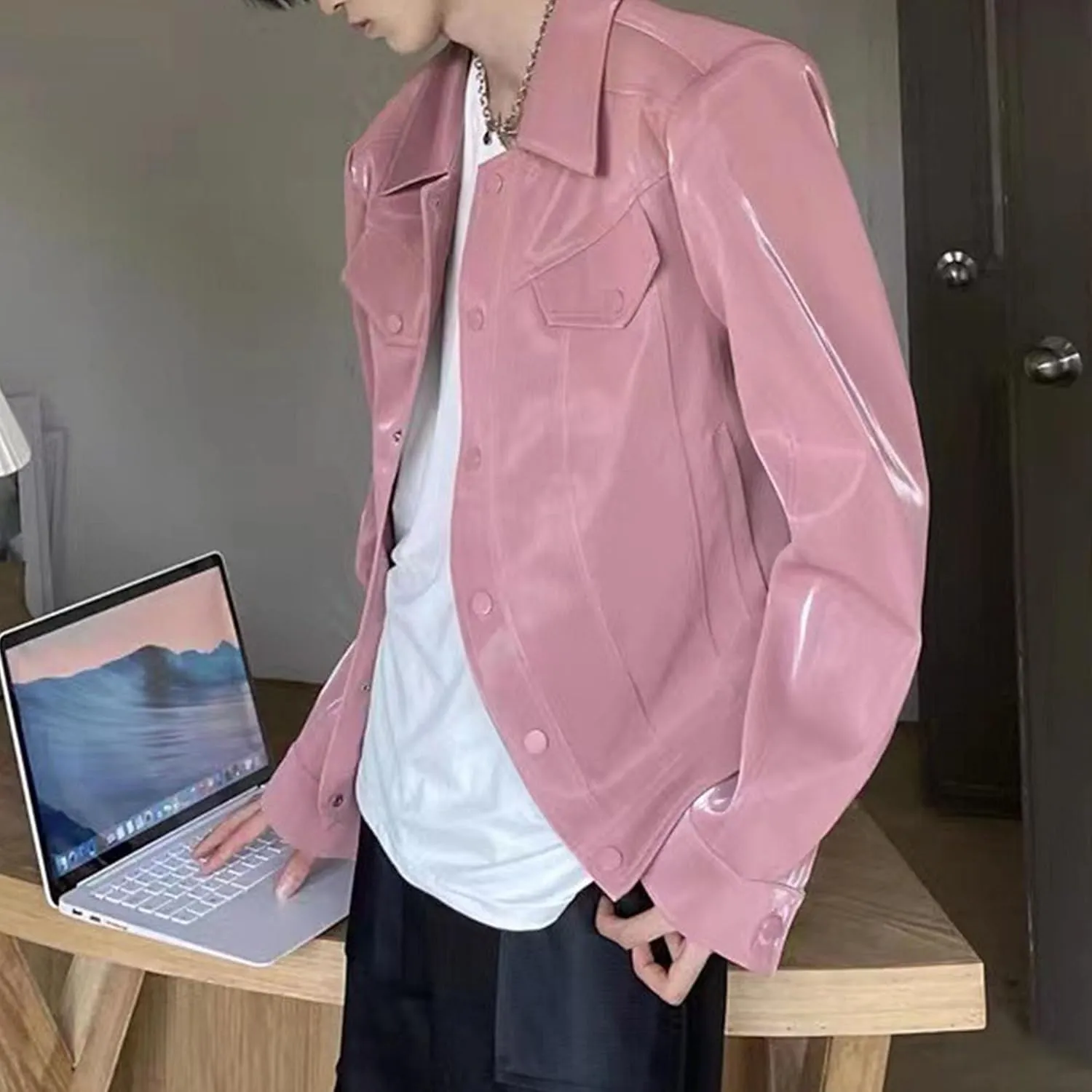 Men's Shiny Patent Leather Jacket Asymmetric Zipper Motorcycle Lapel Jackets Lapel Faux Leather Bomber Jacket