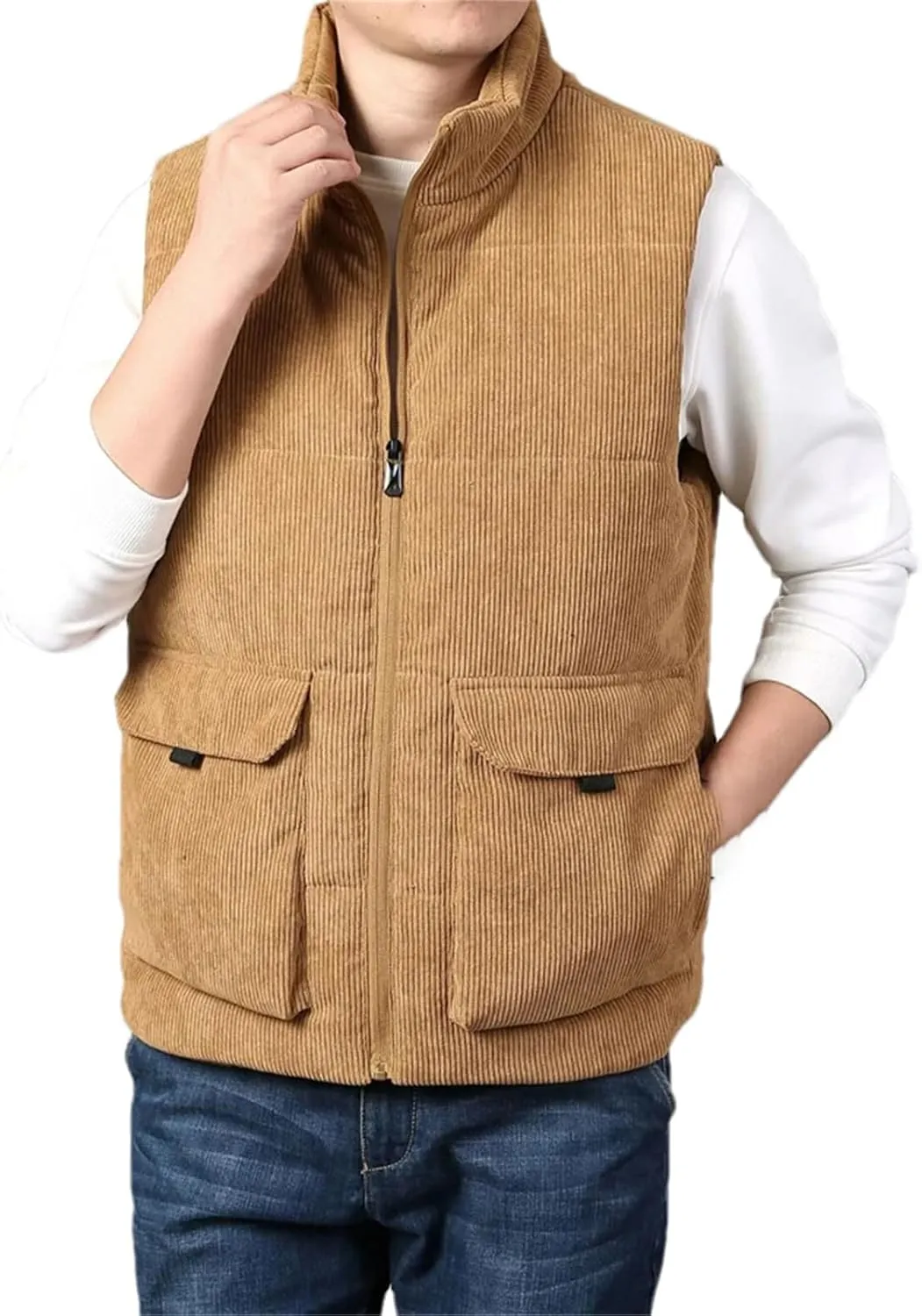 Mnjyihy Men Outdoor Padded Vest Winter Cotton Padded Warm Sleeveless Stand Collar Corduroy Waistcoat Outerwear