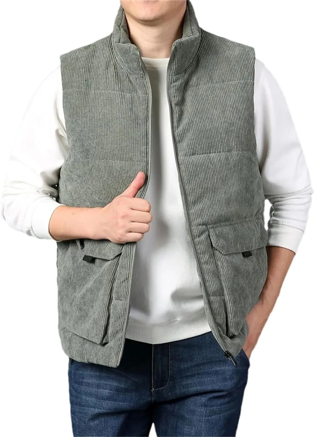 Mnjyihy Men Outdoor Padded Vest Winter Cotton Padded Warm Sleeveless Stand Collar Corduroy Waistcoat Outerwear