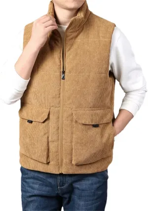 Mnjyihy Men Outdoor Padded Vest Winter Cotton Padded Warm Sleeveless Stand Collar Corduroy Waistcoat Outerwear