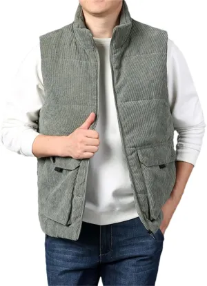 Mnjyihy Men Outdoor Padded Vest Winter Cotton Padded Warm Sleeveless Stand Collar Corduroy Waistcoat Outerwear
