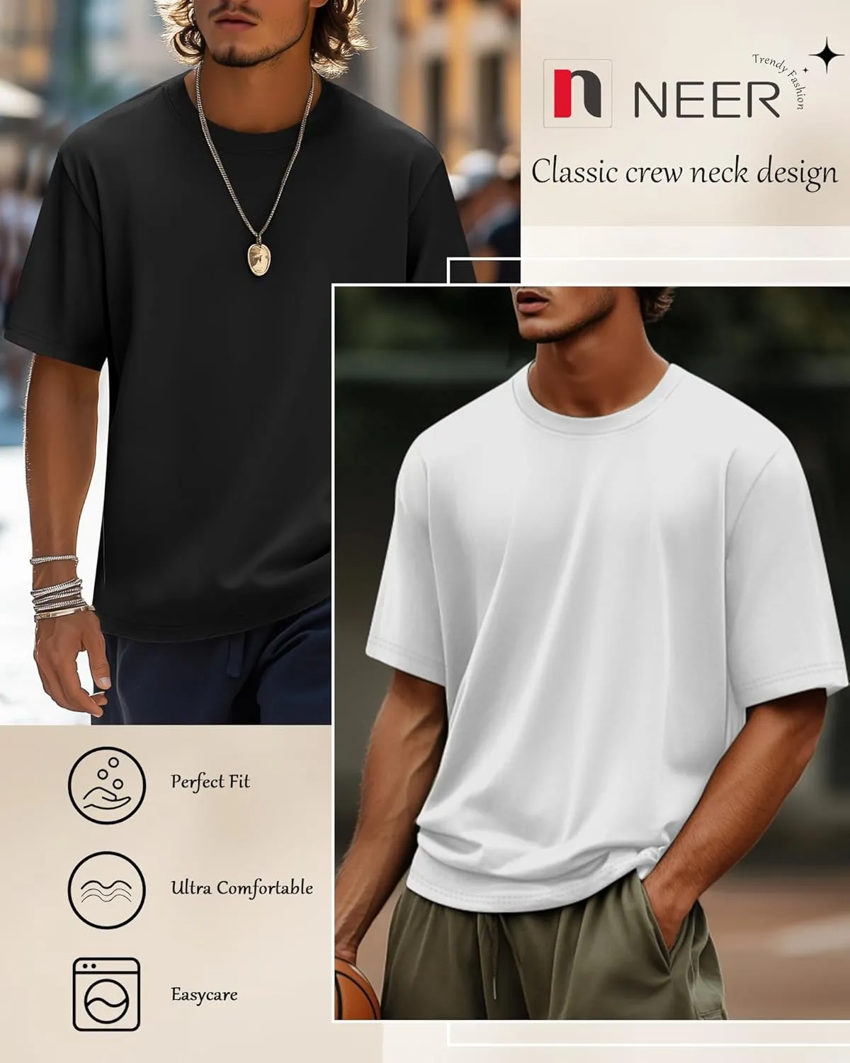 Neer 3 Pack Men's Round Neck T Shirts 95% Cotton M-7xl Big Tall Regular Tees Soft Short Sleeve 2025 Summer Basic Tops