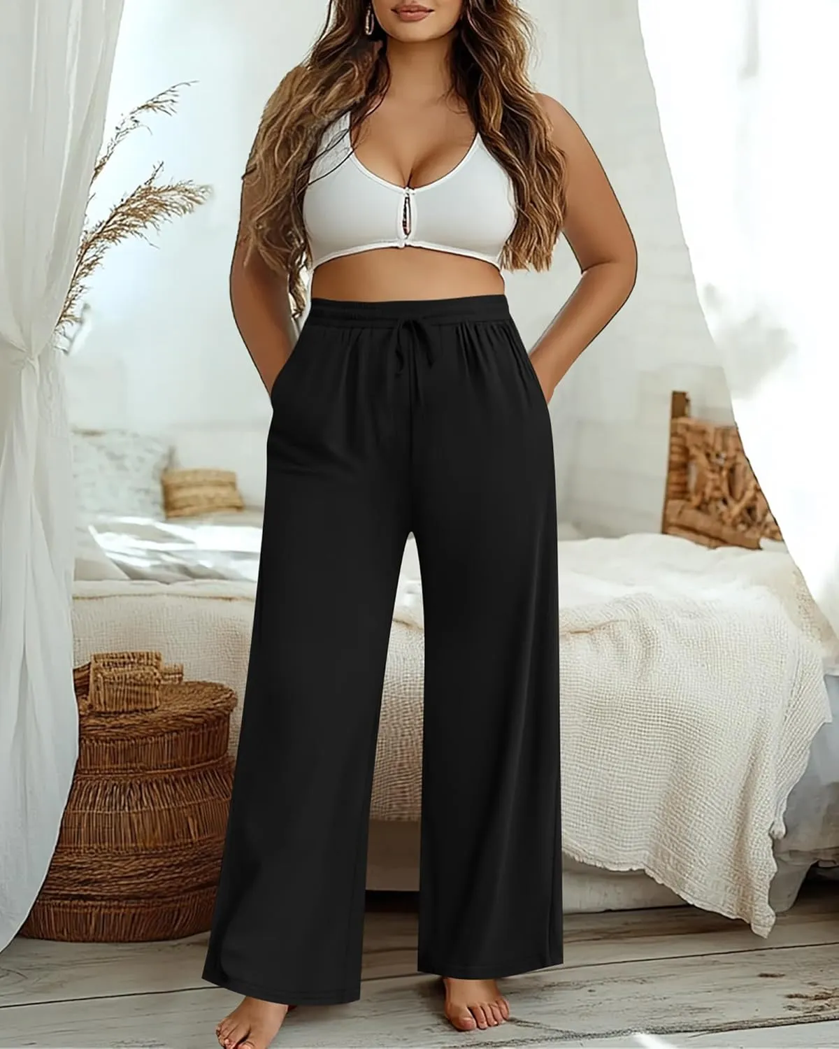 Neer 3 Pack Women's Plus Size Pants Wide Leg Lounge Yoga Pants Casual Baggy Drawstring High Waist Sweatpants with Pockets
