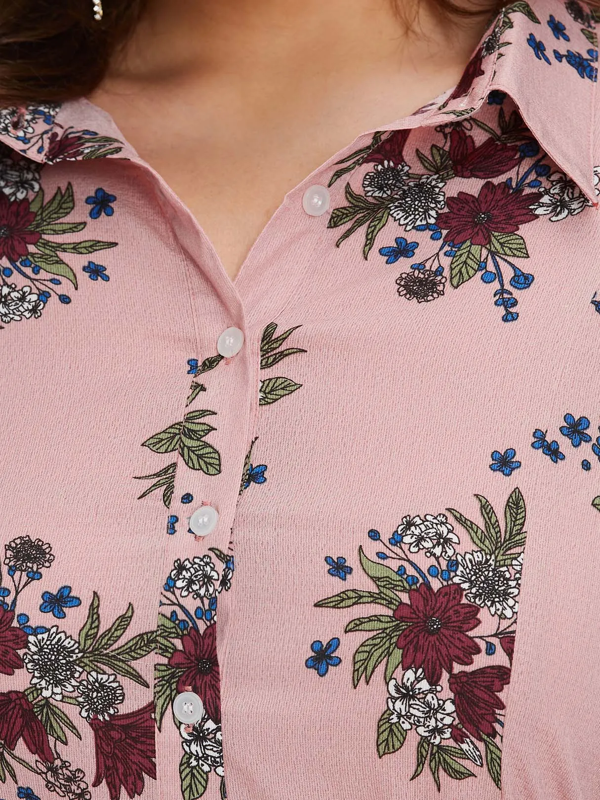 OEM ODM Classic Collar Floral Print Long Sleeve Pink Plus Size Dress