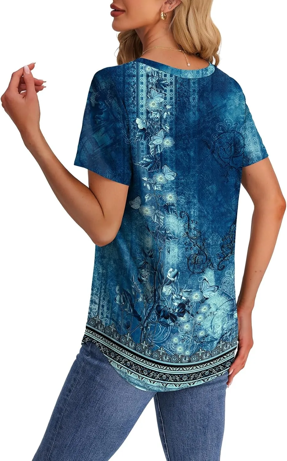 OFEEFAN Womens T Shirts V Neck Short Sleeve Casual Tops Loose Fit Basic Tees with Curved Hem