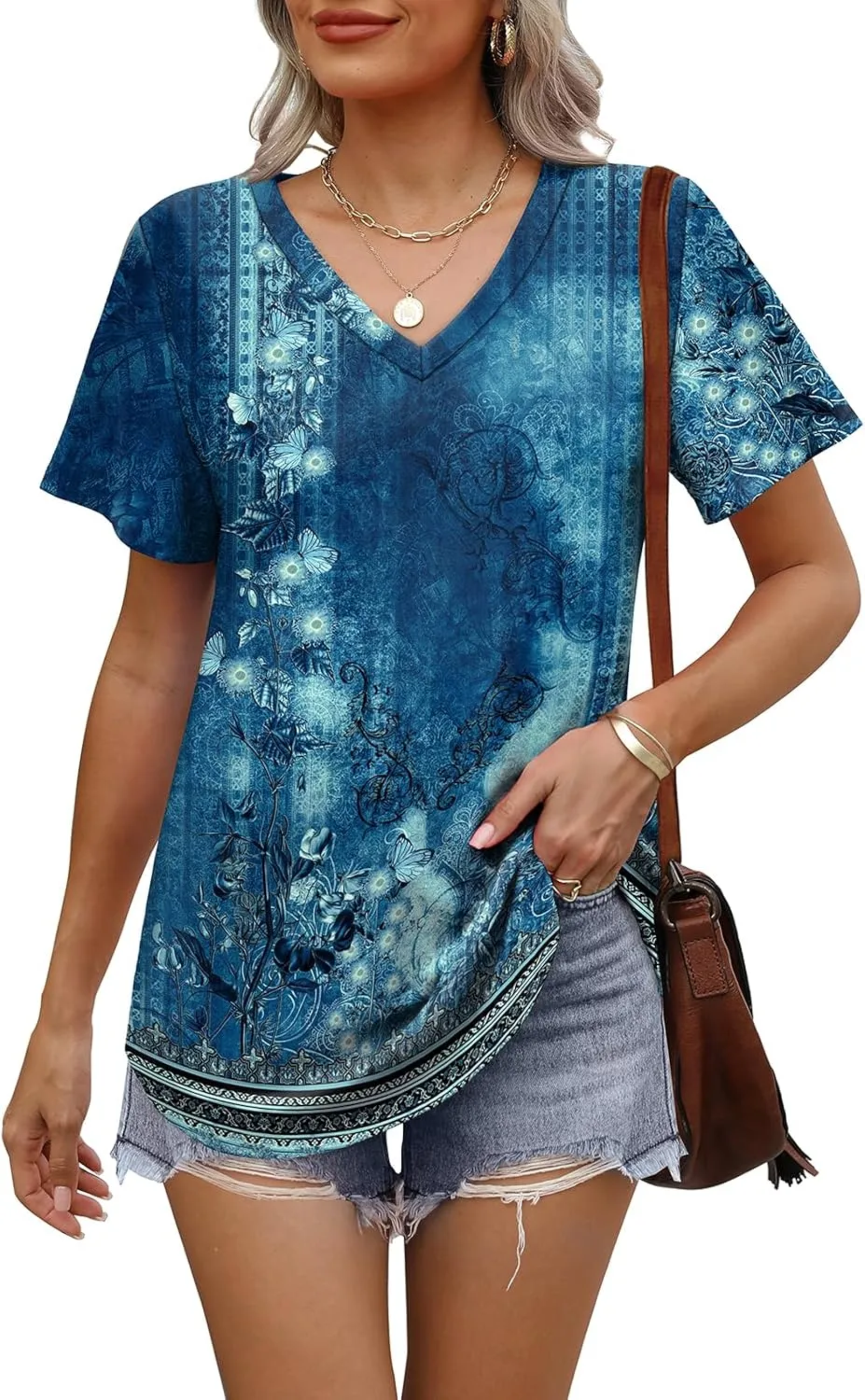 OFEEFAN Womens T Shirts V Neck Short Sleeve Casual Tops Loose Fit Basic Tees with Curved Hem