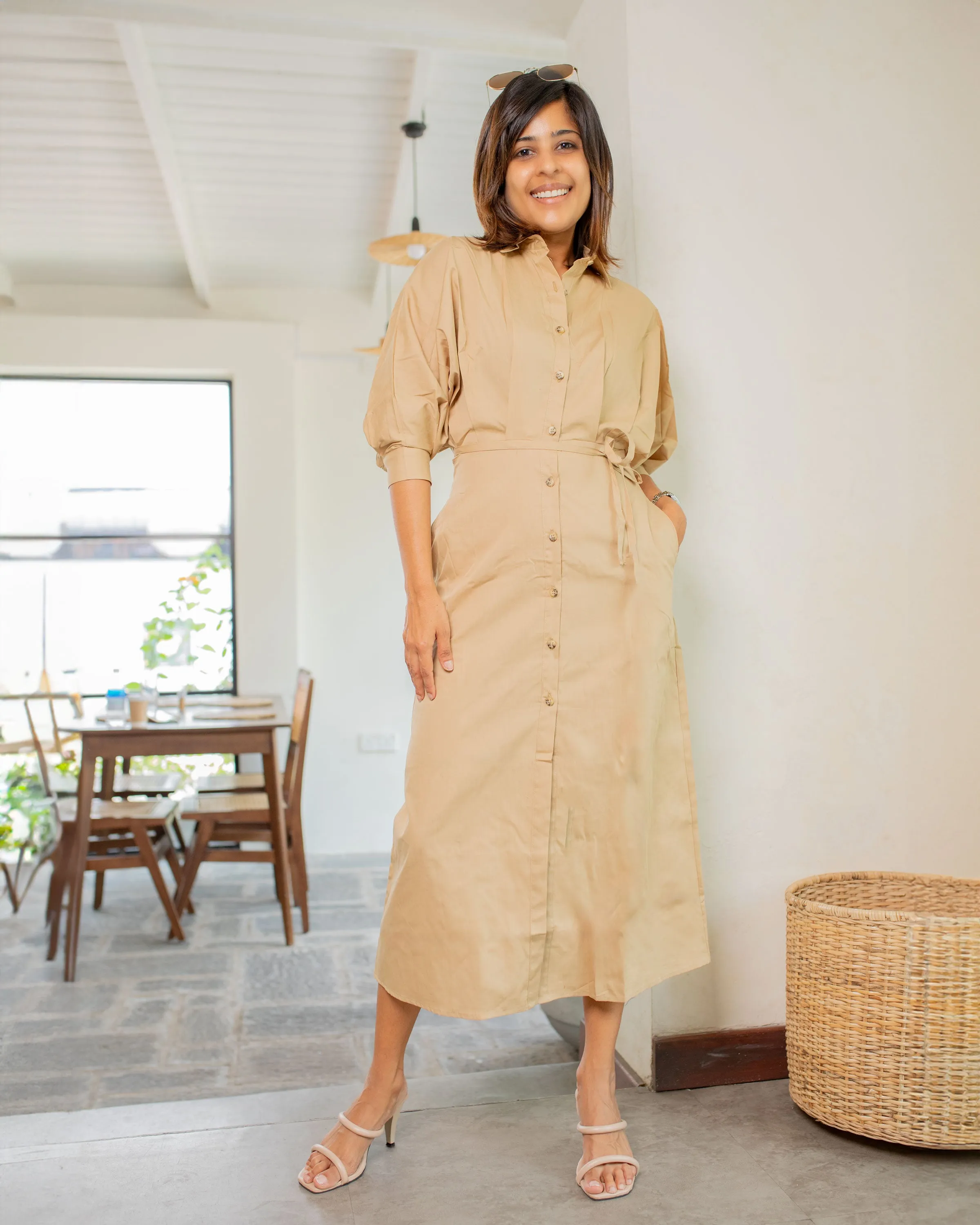Oprah Convertible Midi Dress/ Trench Coat- Biscuit