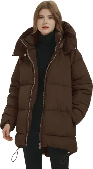 PEHMEA Women Mid-Length Puffer Hooded Jacket Winter Padded Warm Coat Thicken Outerwear Coats
