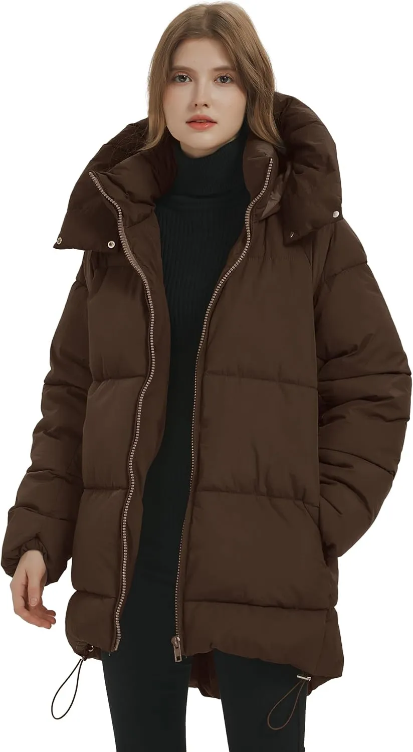 PEHMEA Women Mid-Length Puffer Hooded Jacket Winter Padded Warm Coat Thicken Outerwear Coats