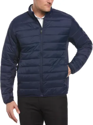 Perry Ellis Men's Long Sleeve Full-Zip Golf Faux Down Jacket, Sun Protection, Mock Collar, Front Pockets, Warming & Flexible