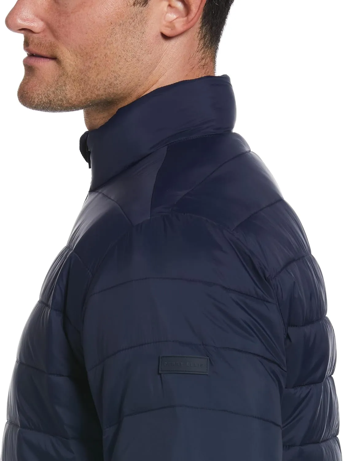 Perry Ellis Men's Long Sleeve Full-Zip Golf Faux Down Jacket, Sun Protection, Mock Collar, Front Pockets, Warming & Flexible