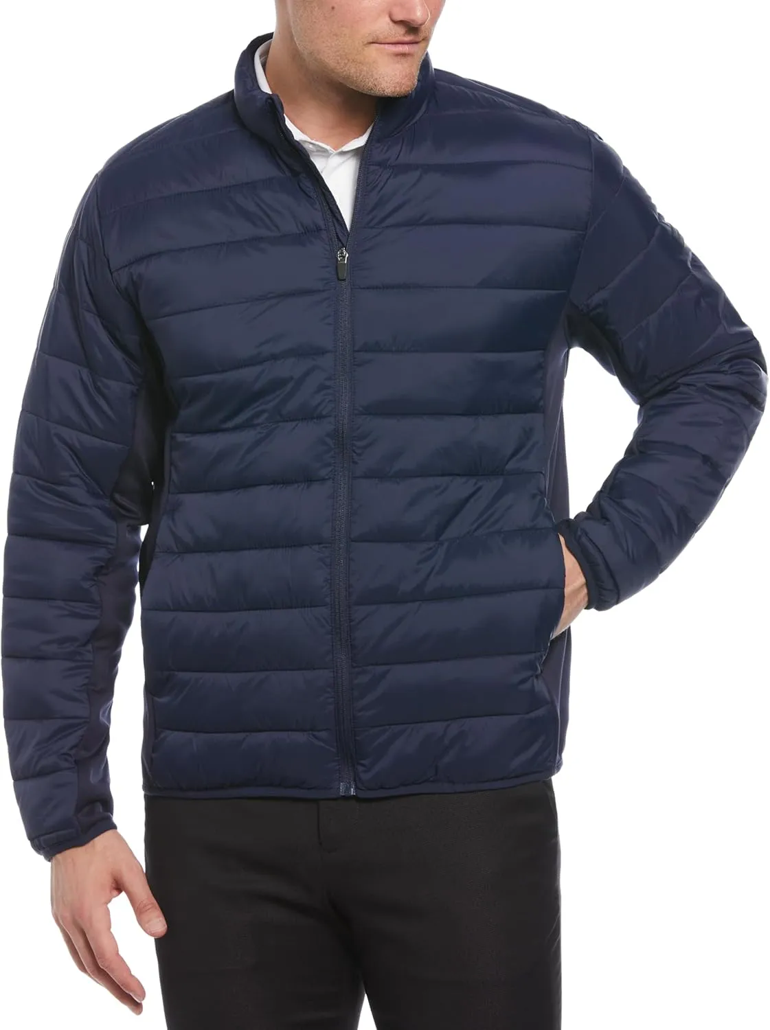 Perry Ellis Men's Long Sleeve Full-Zip Golf Faux Down Jacket, Sun Protection, Mock Collar, Front Pockets, Warming & Flexible