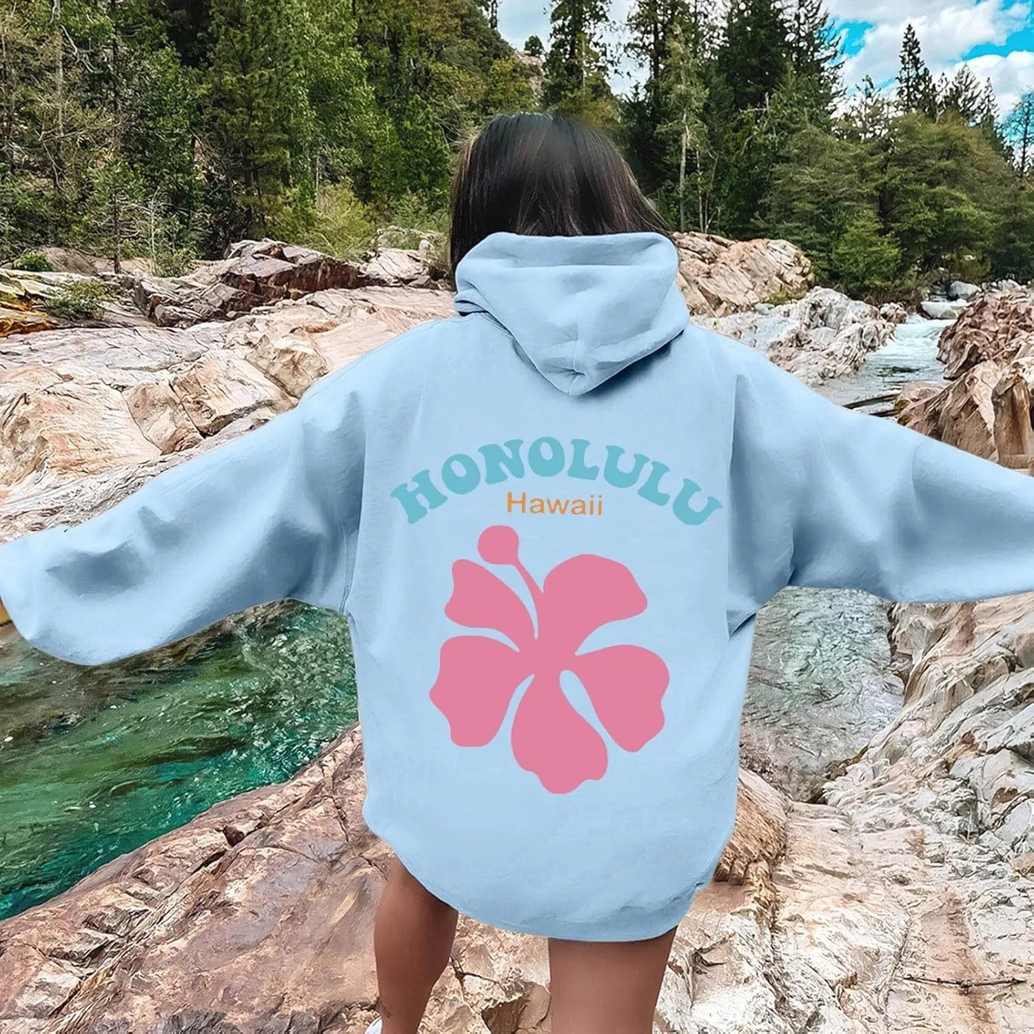 Preppy Hoodies Womens Pink Hoodie Fall Graphic Long Sleeve Drawstring Hooded Pocket Pullover Sweatshirts