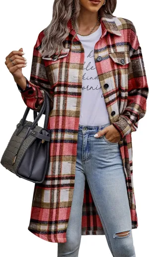 PRETTYGARDEN Women's Plaid Shacket 2025 Long Sleeve Button Up Flannel Shirt Winter Tartan Jacket Woolen Coats