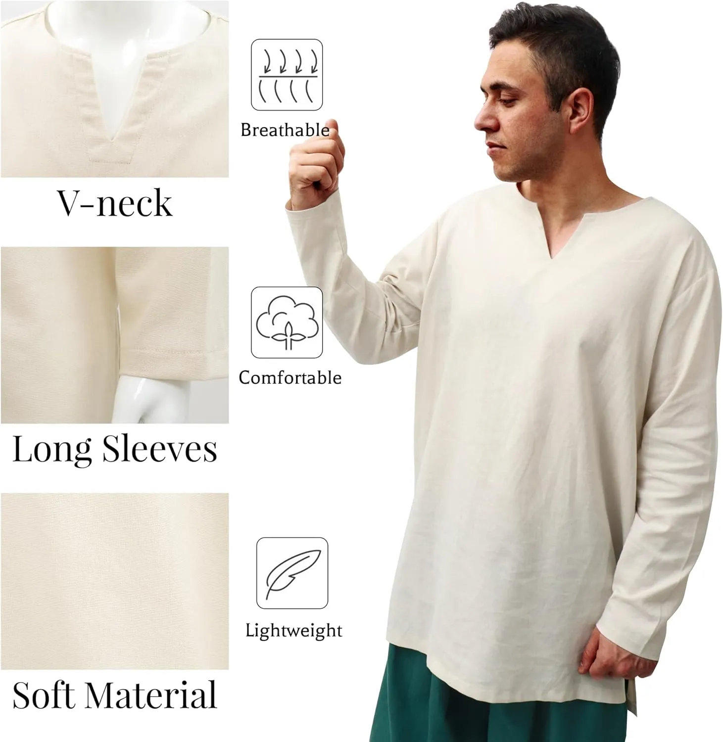 PROCOS Mens Medieval Undershirts Retro Linen Tunic Long Sleeve Shirts Pirate Reenactment