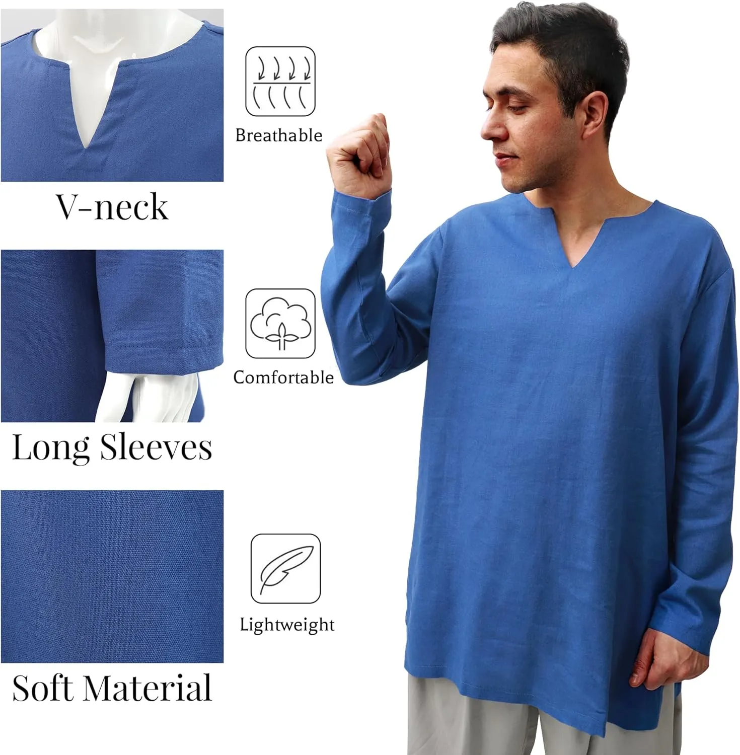 PROCOS Mens Medieval Undershirts Retro Linen Tunic Long Sleeve Shirts Pirate Reenactment