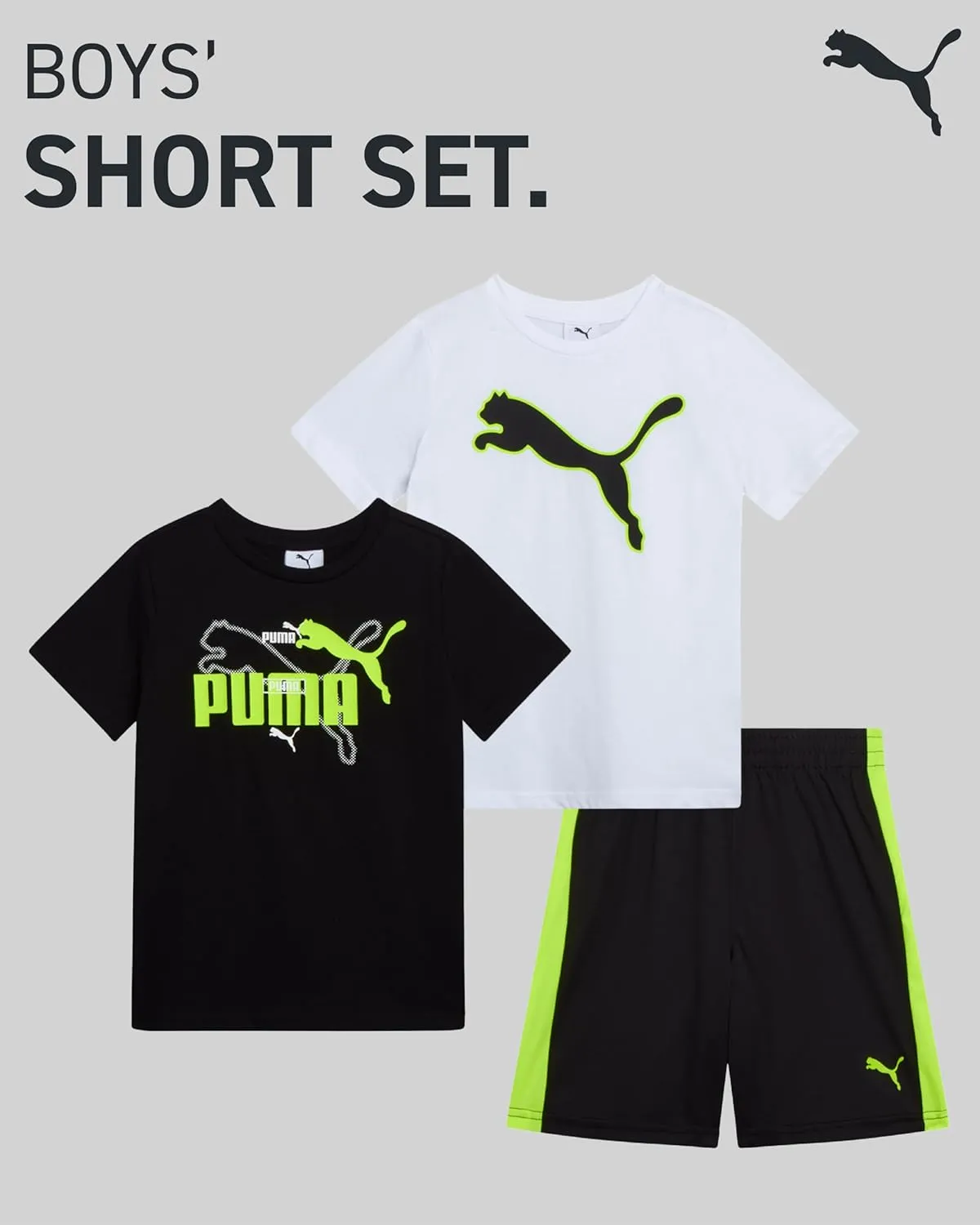 PUMA Boys' Short Set - 3 Piece Short Sleeve Graphic T-Shirts and Active Shorts Outfit Set for Boys (Sizes: 2T-7)