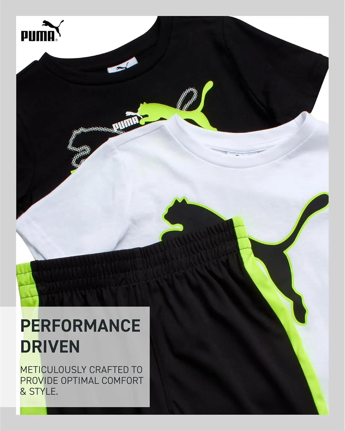 PUMA Boys' Short Set - 3 Piece Short Sleeve Graphic T-Shirts and Active Shorts Outfit Set for Boys (Sizes: 2T-7)