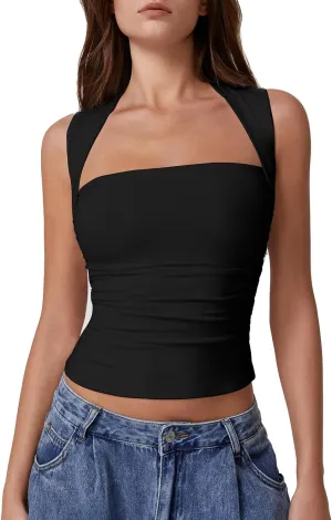 QINSEN Womens Square Neck Tank Tops Side Ruched Double Lined Slim Fit Summer Going Out Crop Top