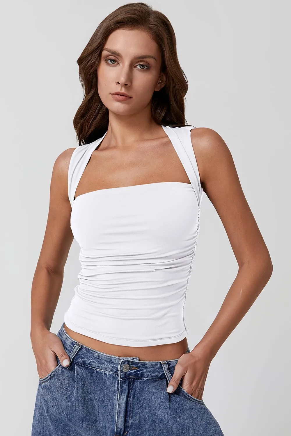 QINSEN Womens Square Neck Tank Tops Side Ruched Double Lined Slim Fit Summer Going Out Crop Top