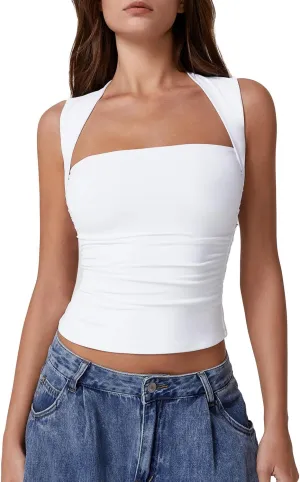 QINSEN Womens Square Neck Tank Tops Side Ruched Double Lined Slim Fit Summer Going Out Crop Top