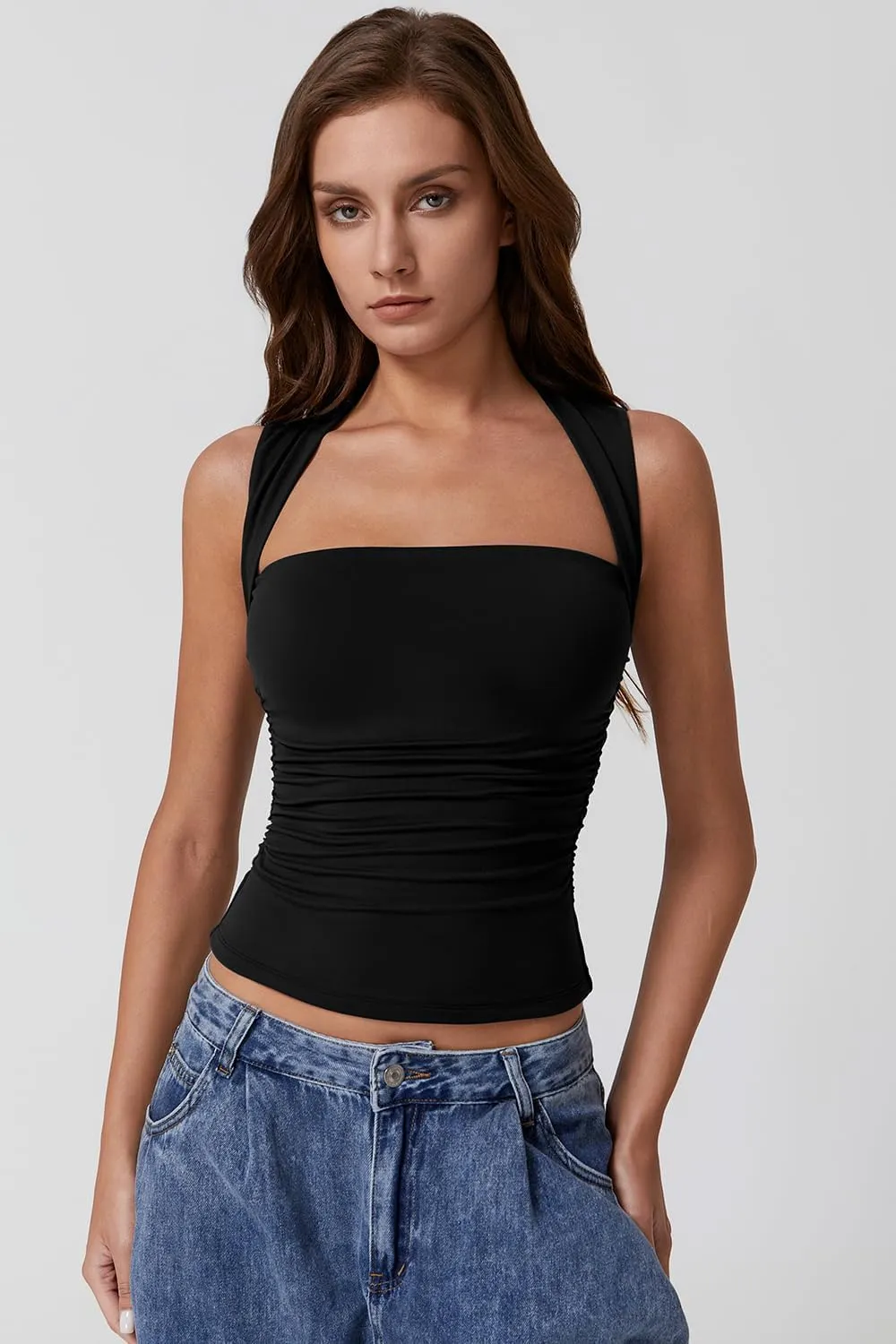 QINSEN Womens Square Neck Tank Tops Side Ruched Double Lined Slim Fit Summer Going Out Crop Top