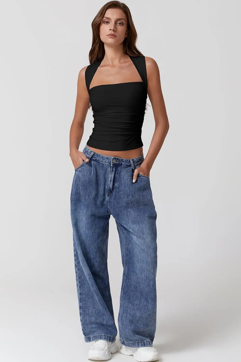 QINSEN Womens Square Neck Tank Tops Side Ruched Double Lined Slim Fit Summer Going Out Crop Top