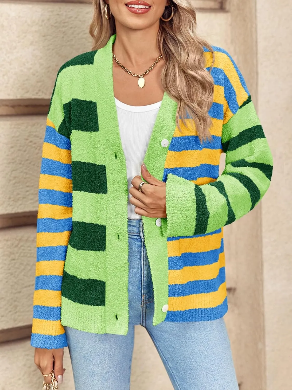 Saodimallsu Womens Striped Cardigan Sweaters V Neck Open Front Button Up Color Block Fuzzy Loose Knit Coats