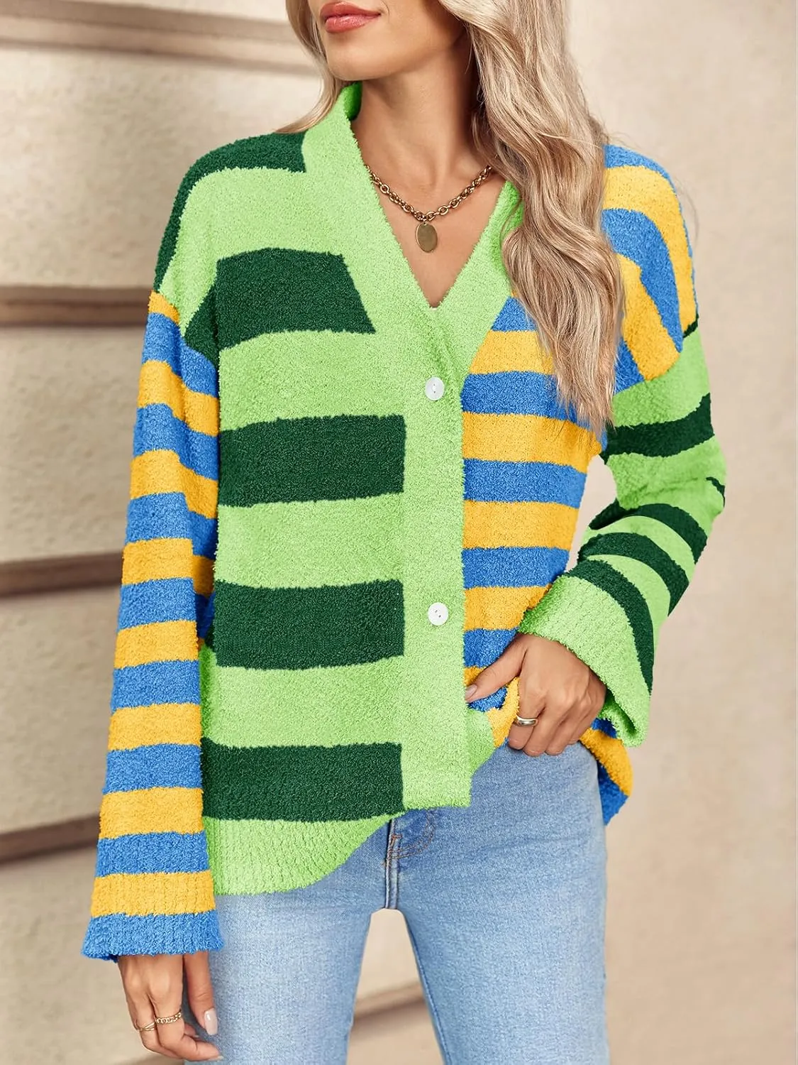 Saodimallsu Womens Striped Cardigan Sweaters V Neck Open Front Button Up Color Block Fuzzy Loose Knit Coats