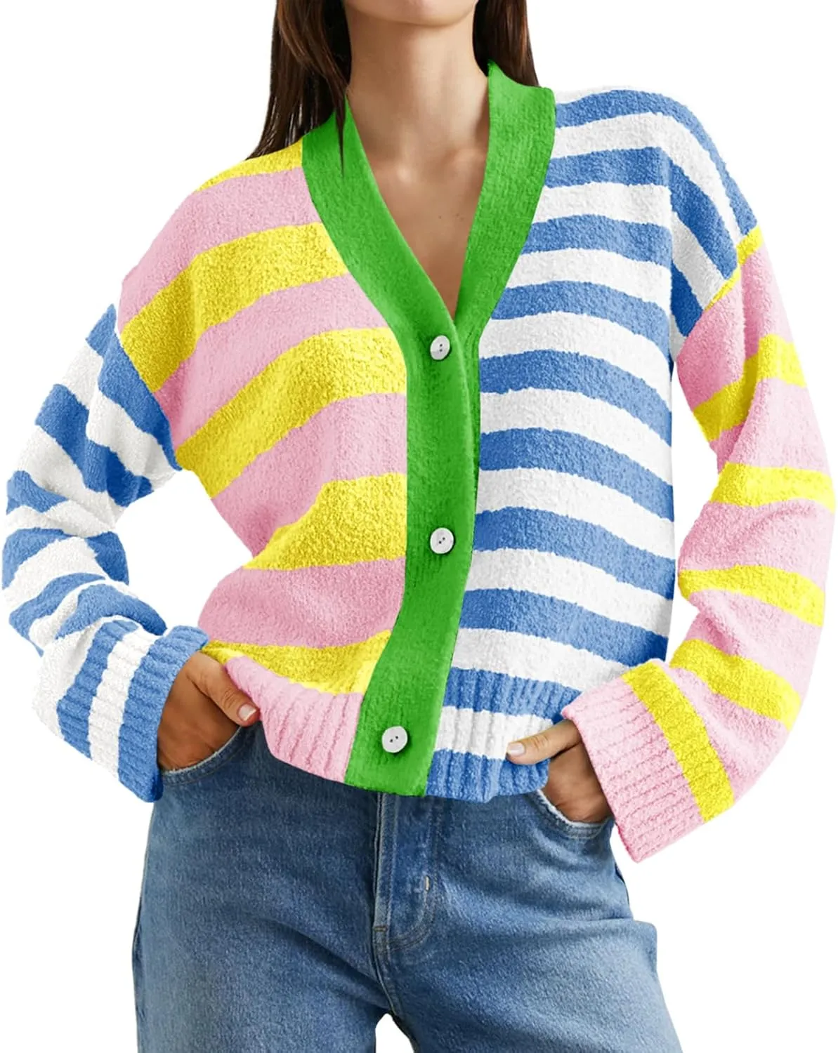 Saodimallsu Womens Striped Cardigan Sweaters V Neck Open Front Button Up Color Block Fuzzy Loose Knit Coats
