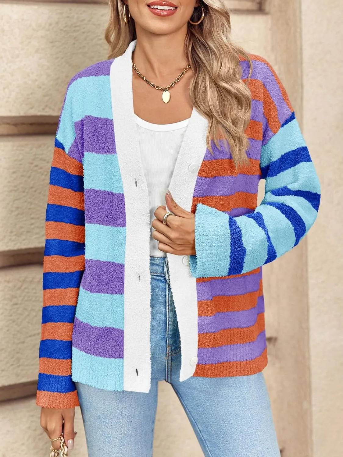 Saodimallsu Womens Striped Cardigan Sweaters V Neck Open Front Button Up Color Block Fuzzy Loose Knit Coats
