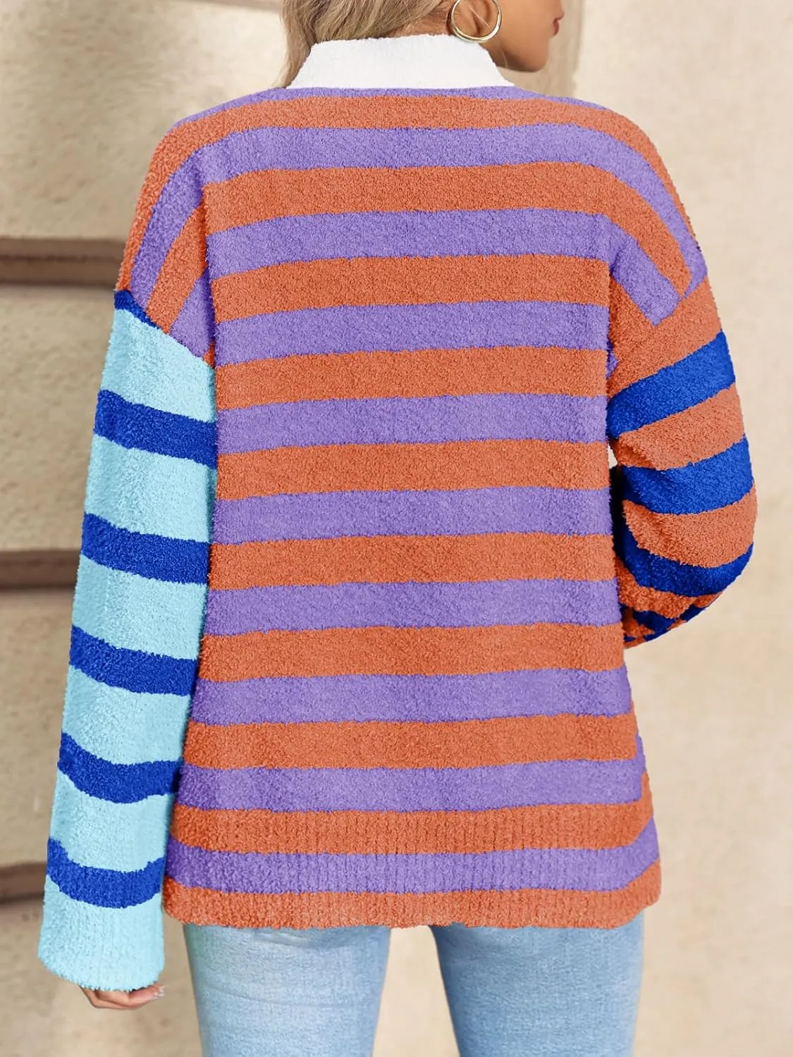 Saodimallsu Womens Striped Cardigan Sweaters V Neck Open Front Button Up Color Block Fuzzy Loose Knit Coats
