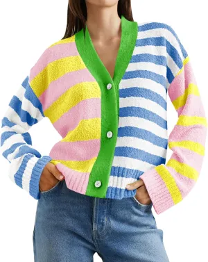 Saodimallsu Womens Striped Cardigan Sweaters V Neck Open Front Button Up Color Block Fuzzy Loose Knit Coats
