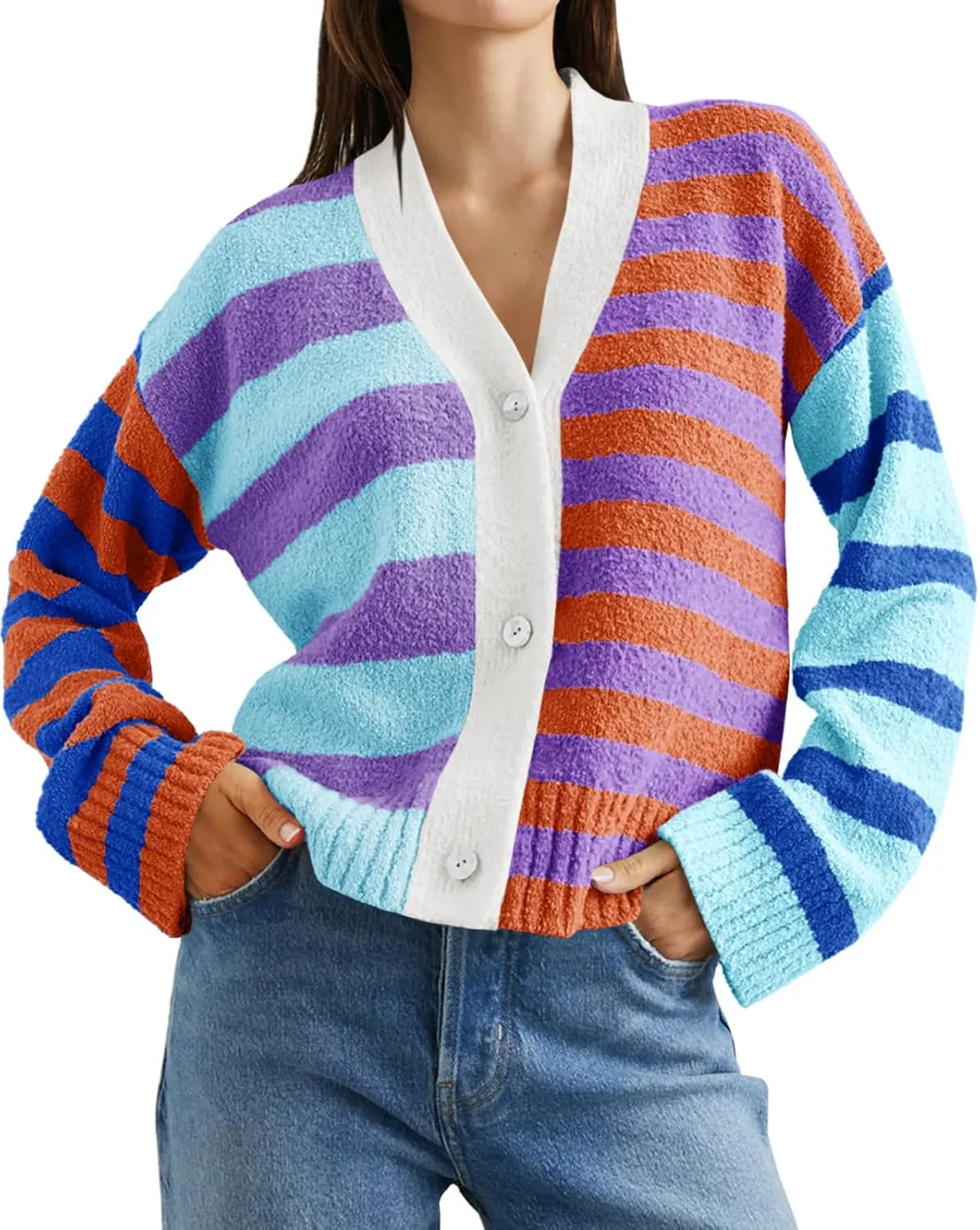 Saodimallsu Womens Striped Cardigan Sweaters V Neck Open Front Button Up Color Block Fuzzy Loose Knit Coats