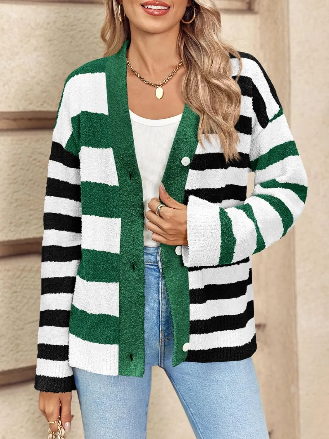 Saodimallsu Womens Striped Cardigan Sweaters V Neck Open Front Button Up Color Block Fuzzy Loose Knit Coats