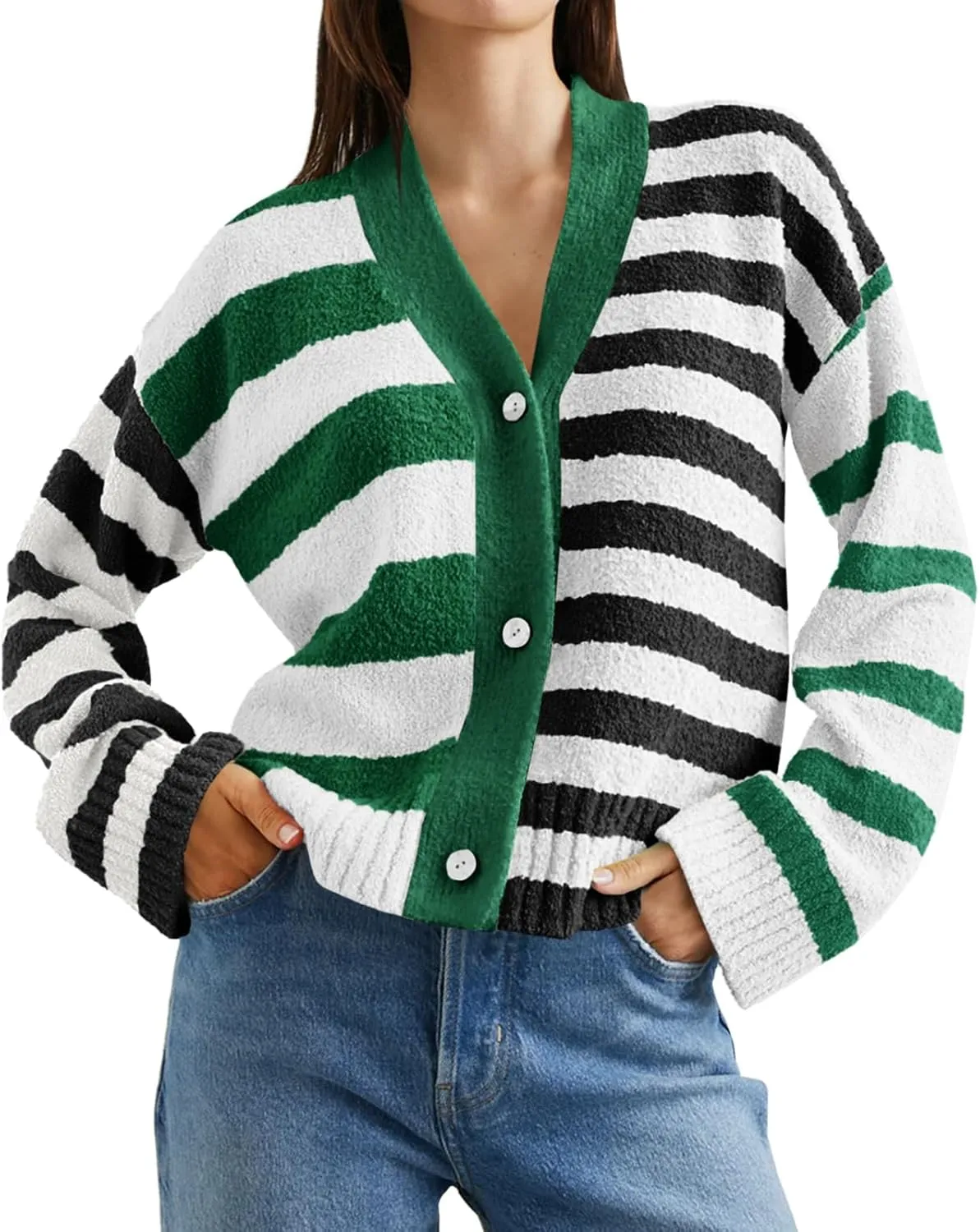 Saodimallsu Womens Striped Cardigan Sweaters V Neck Open Front Button Up Color Block Fuzzy Loose Knit Coats
