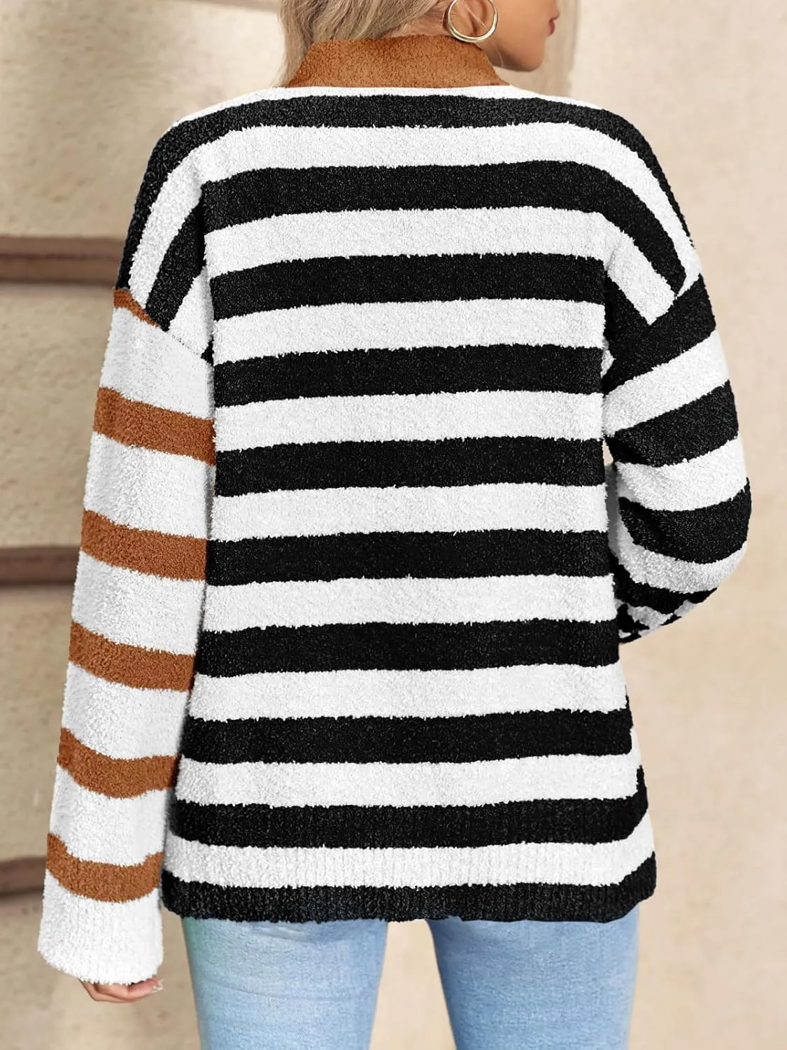 Saodimallsu Womens Striped Cardigan Sweaters V Neck Open Front Button Up Color Block Fuzzy Loose Knit Coats